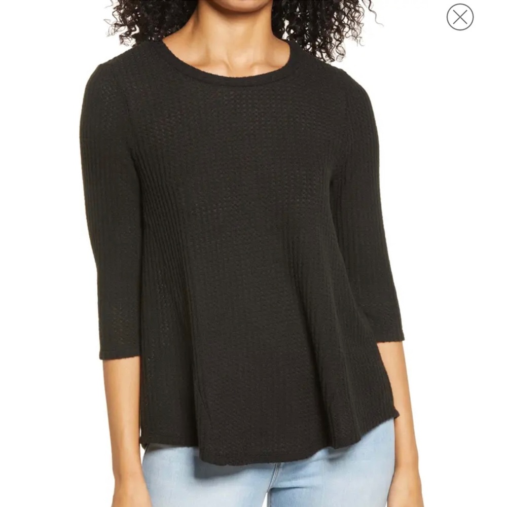 BOBEAU Waffle Knit Swing Top Black Small Crew Neck 3/4 Length Sleeve